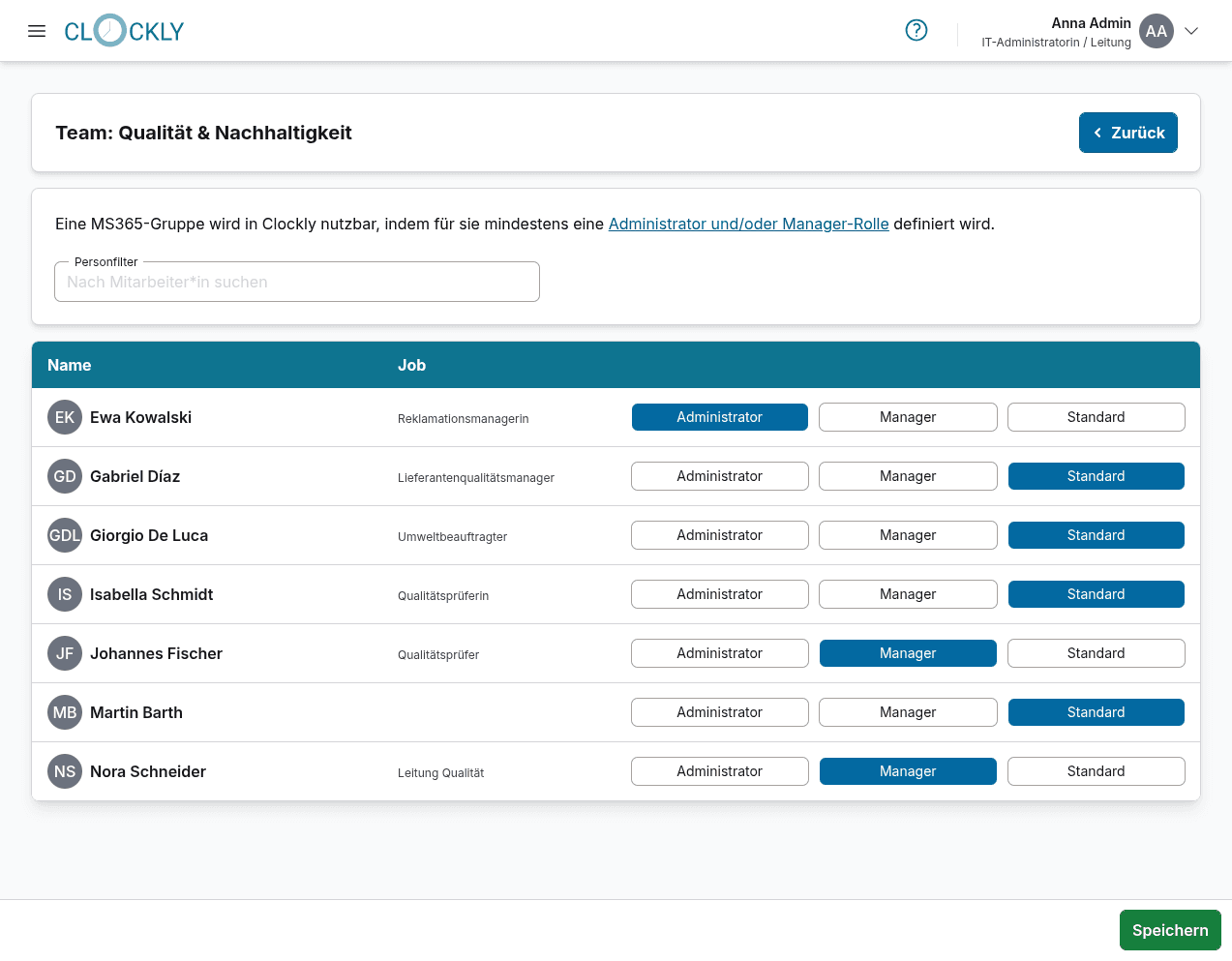 Screenshot der Rollenverteilungsoberfläche für ein Team. Oben befindet sich ein Personenfilter darunter befindet sich eine Tabelle der Teammitglieder mit Name, Jobbeschreibung und Rolle. Unten auf der Seite befindet sich ein Speichern-Button.