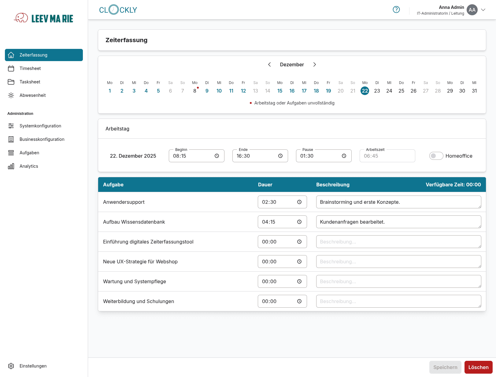 Screenshot der Zeitverwaltungsoberfläche mit einem Kalender, der die gebuchten Arbeitstage farblich markiert. Unter dem Kalender befindet sich ein Eingabebereich für Arbeitsbeginn und -ende, Pausenzeit und einen Schalter für Homeoffice. Eine Tabelle listet Aufgaben mit Name, Dauer, Beschreibung und unzugewiesener Zeit. Speichern- und Löschen-Buttons befinden sich am unteren Rand.