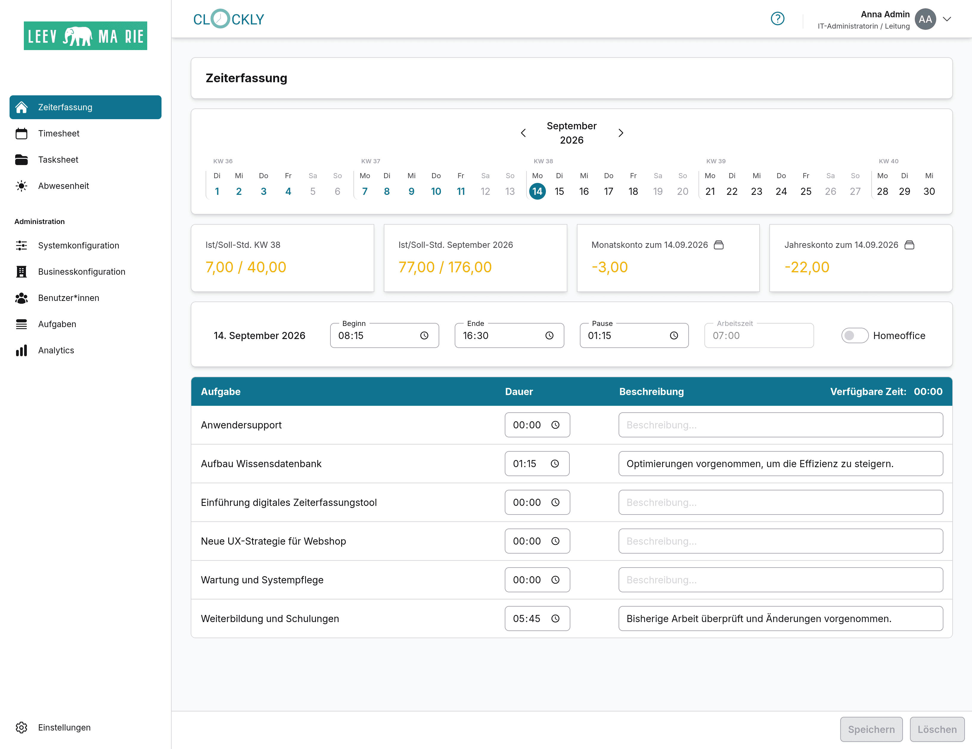 Screenshot der Zeitverwaltungsoberfläche mit einem Kalender, der die gebuchten Arbeitstage farblich markiert. Unter dem Kalender befindet sich ein Eingabebereich für Arbeitsbeginn und -ende, Pausenzeit und einen Schalter für Homeoffice. Eine Tabelle listet Aufgaben mit Name, Dauer, Beschreibung und unzugewiesener Zeit. Speichern- und Löschen-Buttons befinden sich am unteren Rand.