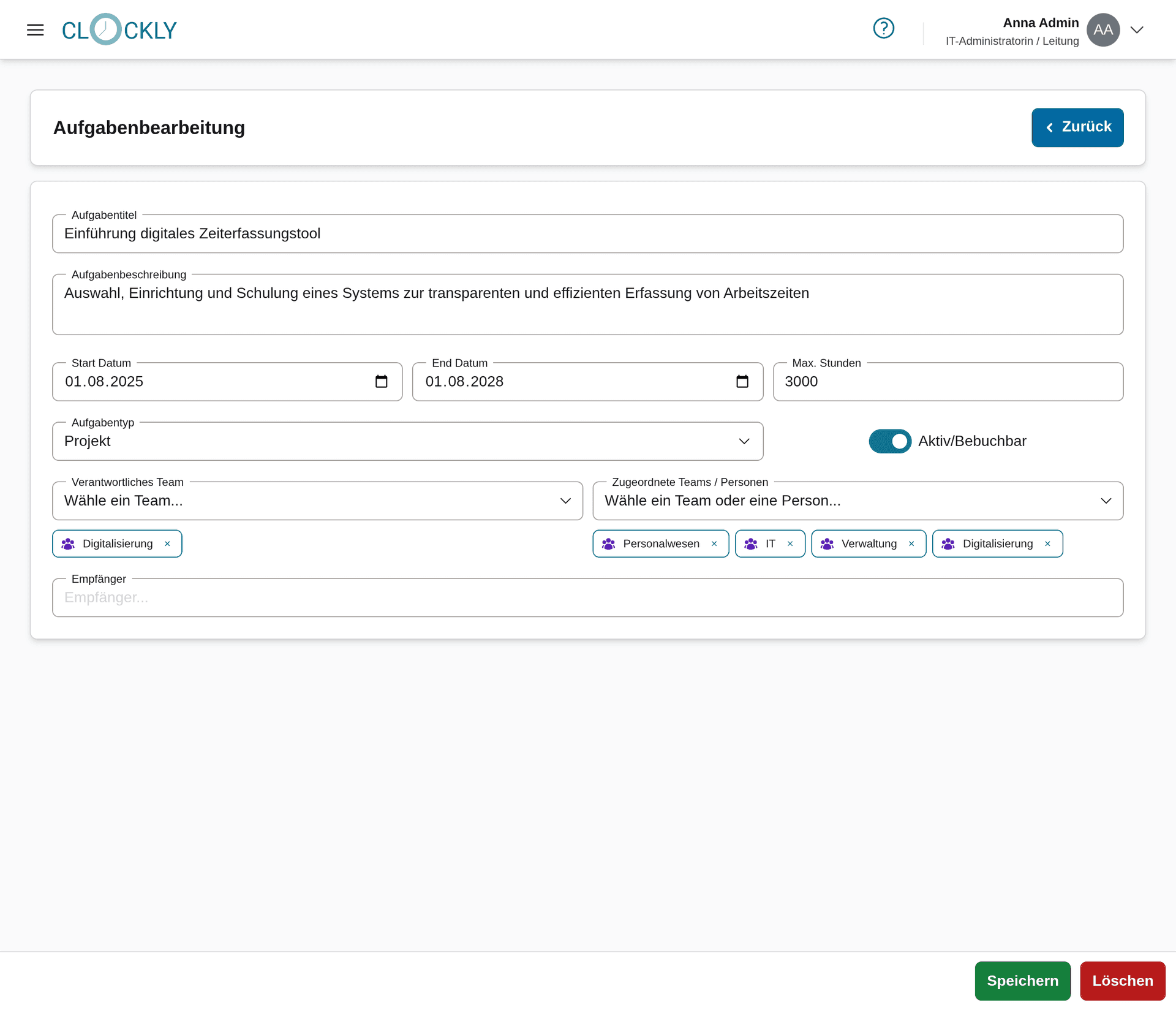 Screenshot der Aufgabenbearbeitungsoberfläche mit einem Eingabebereich. Im Eingabebereich befinden sich Textfelder für Aufgabentitel und -beschreibung, Datumfelder für das Start- und End-Datum, ein Zahlenfeld für die maximalen Stunden, ein Dropdown für den Aufgabentyp, zwei suchbare Dropdowns für das verantwortliche Team sowie die Zugeordneten Teams und Personen, ein Schalter für die Aufgabenaktivierung und ein Textfeld für den Aufgabenempfänger. Speichern- und Löschen-Buttons befinden sich am unteren Rand.