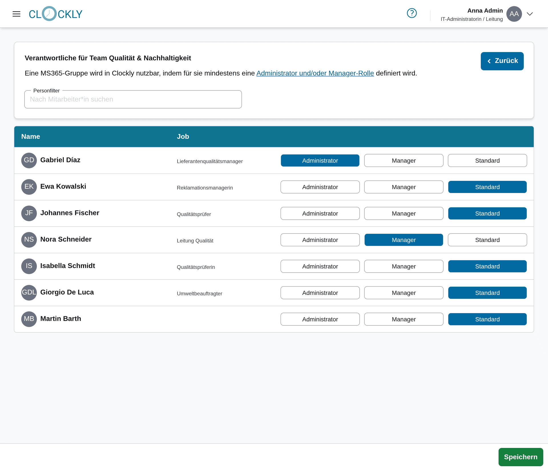 Screenshot der Rollenverteilungsoberfläche für ein Team. Oben befindet sich ein Personenfilter darunter befindet sich eine Tabelle der Teammitglieder mit Name, Jobbeschreibung und Rolle. Unten auf der Seite befindet sich ein Speichern-Button.