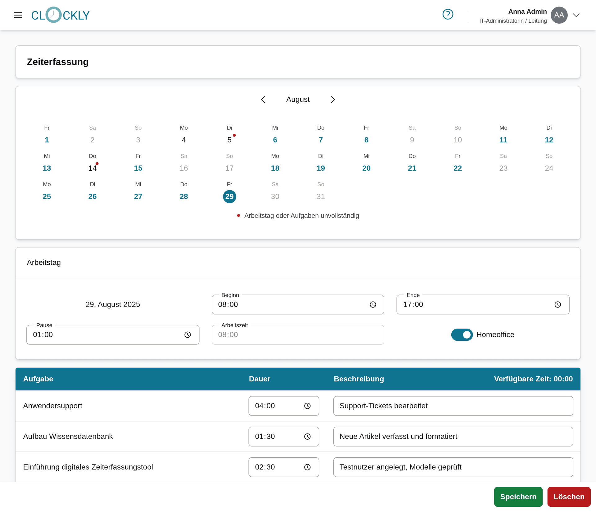 Screenshot der Zeitverwaltungsoberfläche mit einem Kalender, der die gebuchten Arbeitstage farblich markiert. Unter dem Kalender befindet sich ein Eingabebereich für Arbeitsbeginn und -ende, Pausenzeit und einen Schalter für Homeoffice. Eine Tabelle listet Aufgaben mit Name, Dauer, Beschreibung und unzugewiesener Zeit. Speichern- und Löschen-Buttons befinden sich am unteren Rand.